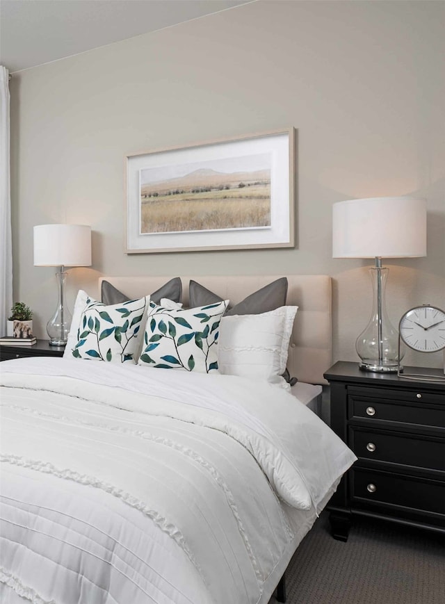 bedroom with dark colored carpet