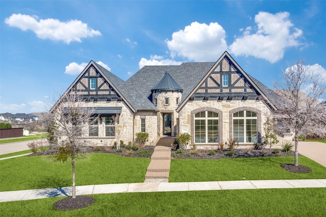 view of front facade featuring stone siding, roof with shingles, and a front lawn