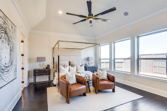 bedroom featuring baseboards, ornamental molding, and dark wood-type flooring