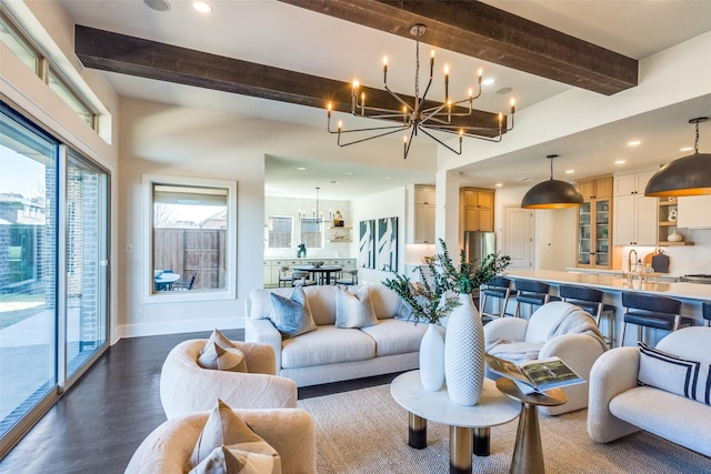 living room featuring recessed lighting, baseboards, wood finished floors, and beamed ceiling