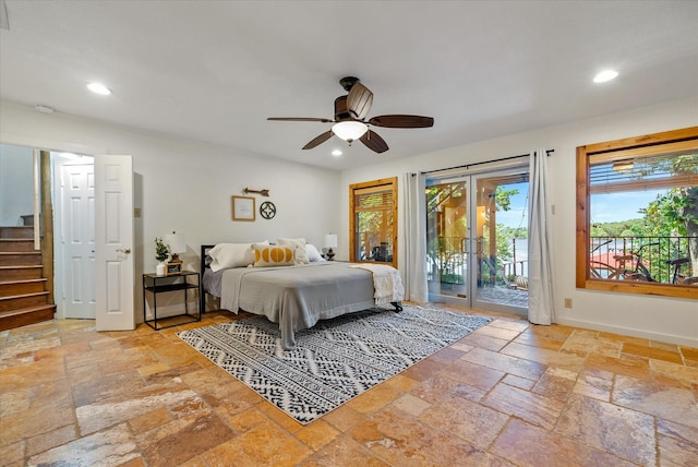 bedroom featuring baseboards, a ceiling fan, access to exterior, stone tile flooring, and recessed lighting