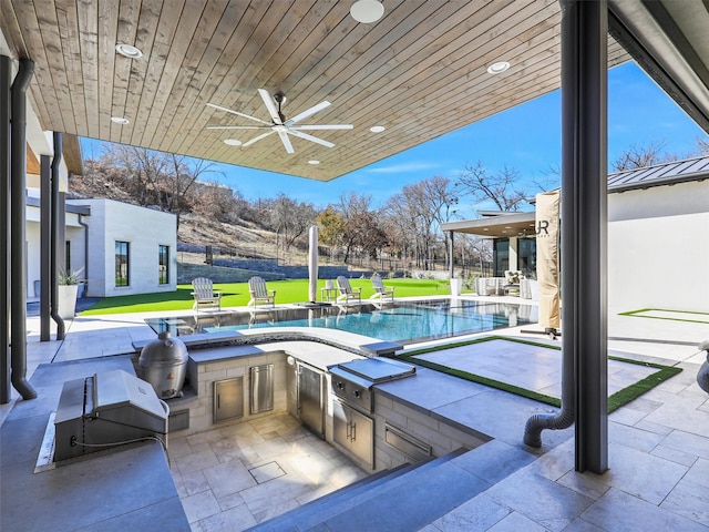 view of patio / terrace featuring area for grilling, grilling area, an outdoor pool, and ceiling fan