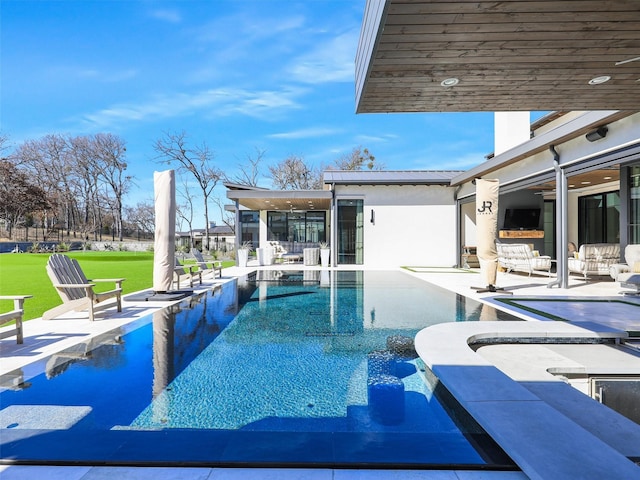 outdoor pool featuring an outdoor living space, a patio area, a sunroom, and ceiling fan