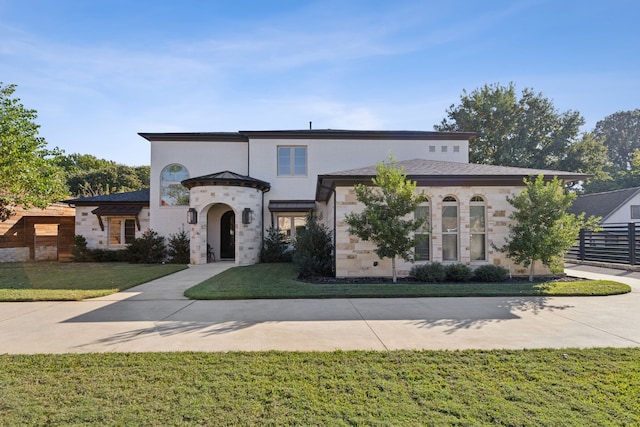 view of front facade featuring stone siding and a front lawn