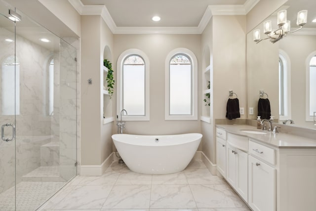 bathroom featuring a marble finish shower, baseboards, ornamental molding, marble finish floor, and vanity