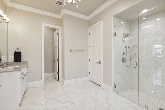 full bathroom featuring a marble finish shower, baseboards, visible vents, marble finish floor, and crown molding