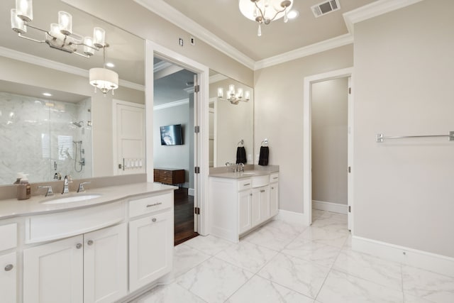 bathroom with a stall shower, baseboards, visible vents, marble finish floor, and a sink