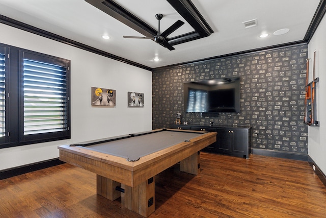 recreation room with visible vents, baseboards, wood finished floors, pool table, and crown molding