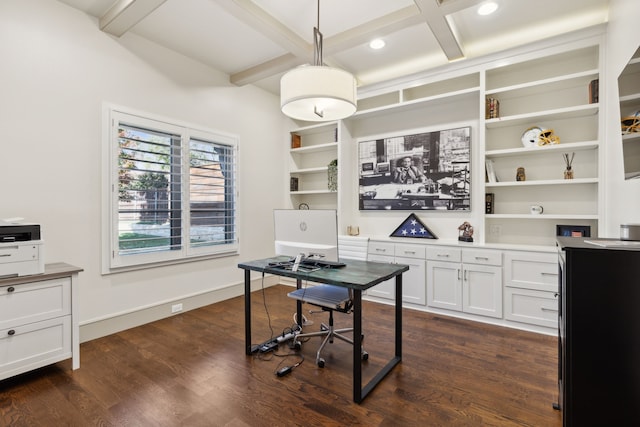 office featuring beam ceiling, coffered ceiling, dark wood-style flooring, and recessed lighting