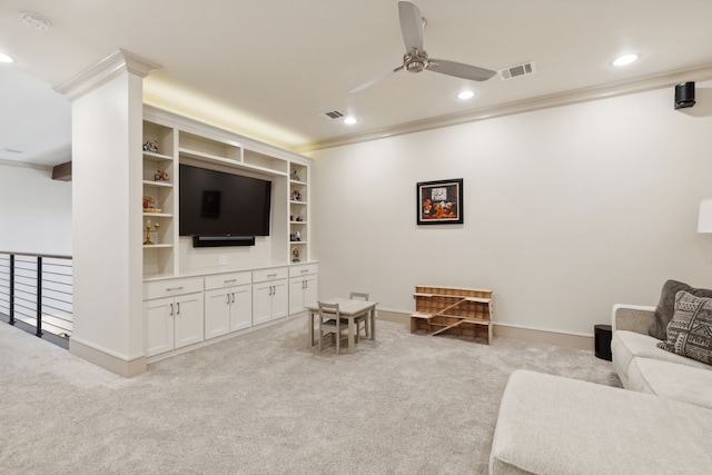 living room featuring recessed lighting, visible vents, crown molding, and light carpet