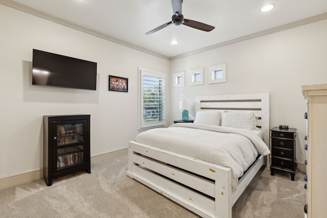 bedroom with baseboards, ornamental molding, carpet flooring, and recessed lighting