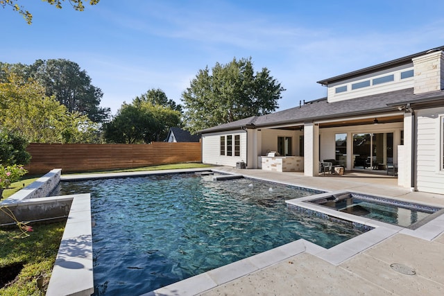 view of swimming pool with a fenced in pool, a fenced backyard, ceiling fan, an in ground hot tub, and a patio area