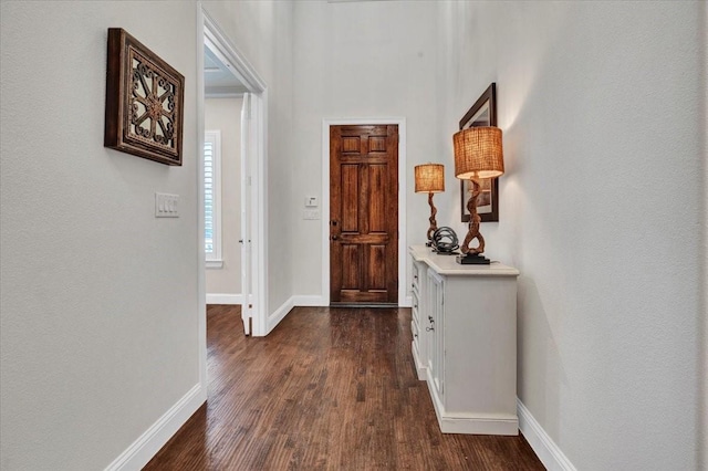 foyer entrance featuring baseboards and dark wood-style flooring