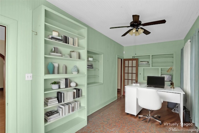 office area featuring built in features and a ceiling fan