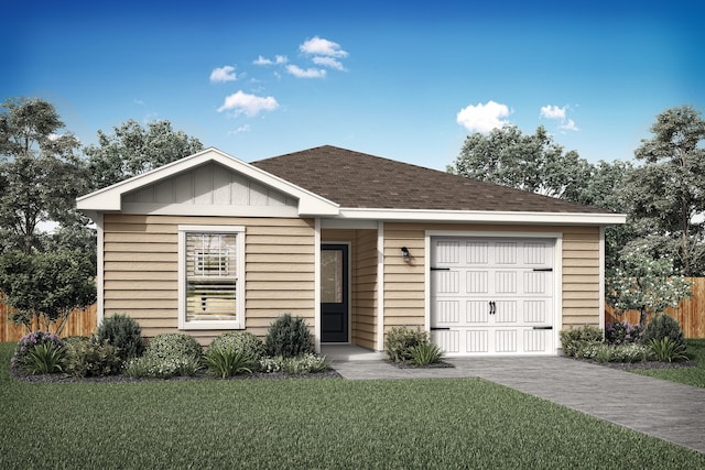1426 Reiner Dr, Crandall, TX 75114 - view of front of home with concrete driveway, an attached garage, board and batten siding, fence, and a front lawn