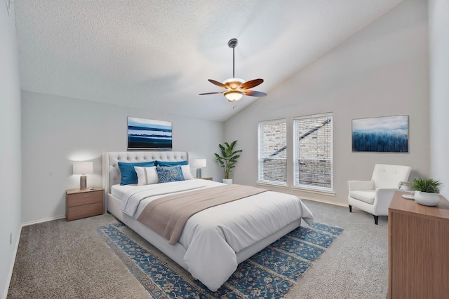 bedroom featuring baseboards, a ceiling fan, vaulted ceiling, a textured ceiling, and carpet floors