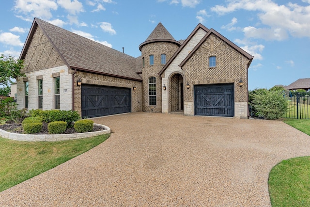 french provincial home with driveway, a shingled roof, stone siding, fence, and brick siding