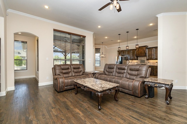 living area featuring baseboards, ornamental molding, dark wood-type flooring, and recessed lighting