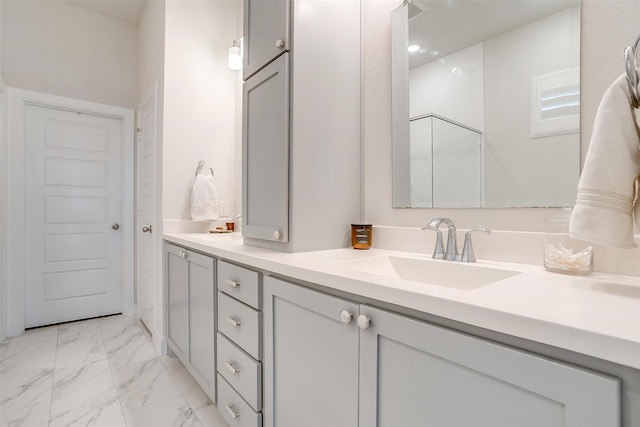 full bath with marble finish floor, visible vents, a sink, and double vanity