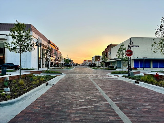 view of street with traffic signs and curbs