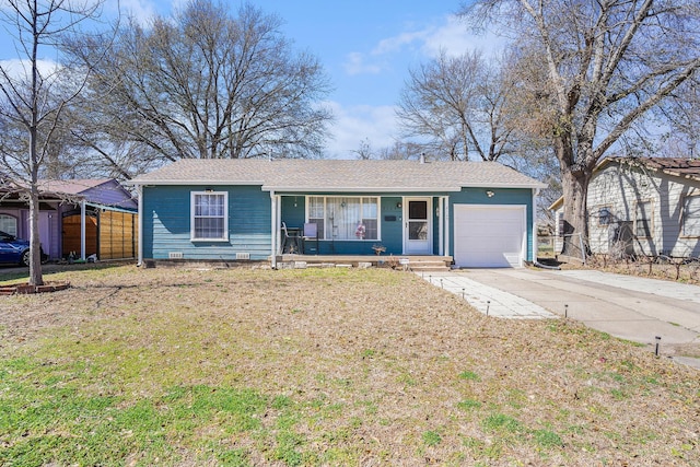 ranch-style home featuring an attached garage, a front lawn, a porch, and concrete driveway