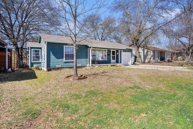 single story home featuring a garage, driveway, crawl space, roof with shingles, and a front lawn