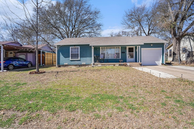 ranch-style house with a garage, concrete driveway, a front lawn, a porch, and a carport