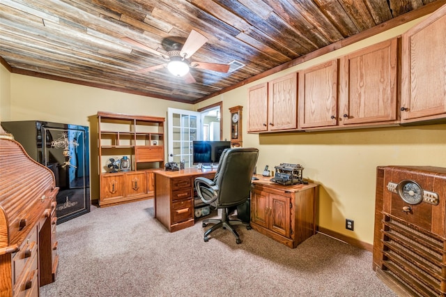 carpeted home office featuring wooden ceiling, ceiling fan, and baseboards