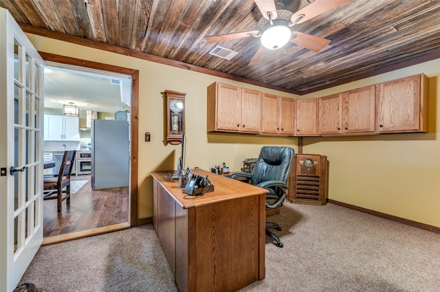 107 S Graves St, Mckinney, TX 75069 - carpeted home office featuring wooden ceiling, a ceiling fan, and baseboards