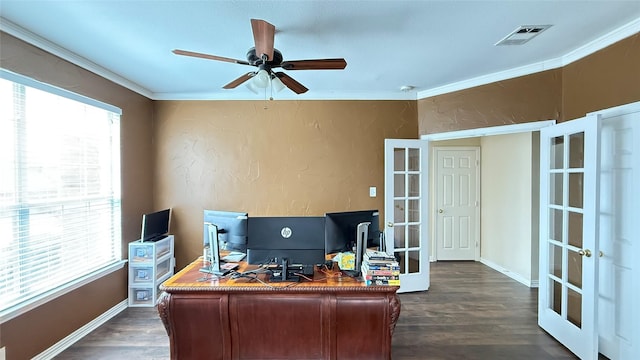 office featuring a wealth of natural light, french doors, visible vents, and crown molding