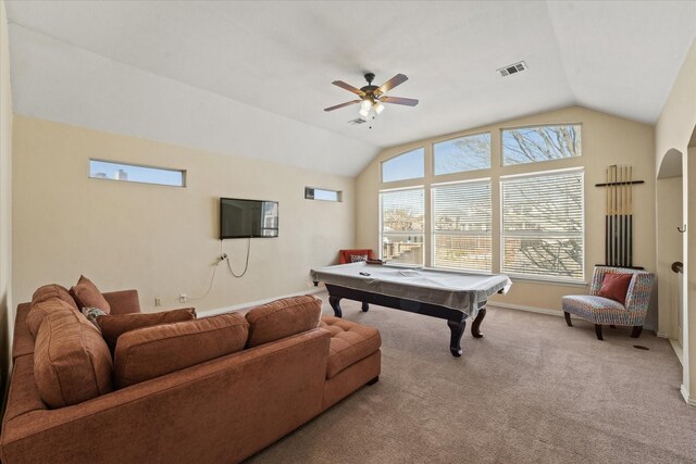 rec room with visible vents, baseboards, carpet flooring, lofted ceiling, and ceiling fan