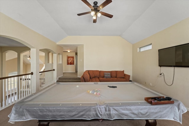 recreation room with pool table, a ceiling fan, carpet, and lofted ceiling