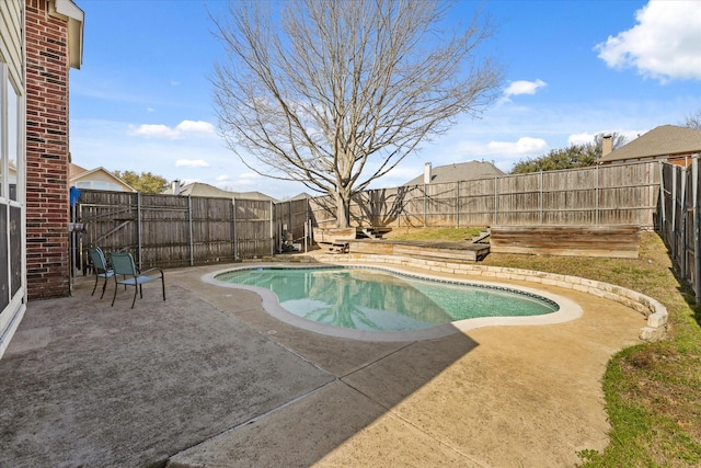 view of swimming pool featuring a patio area, a fenced in pool, and a fenced backyard