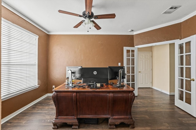 office with visible vents, ornamental molding, french doors, a textured wall, and dark wood-style floors