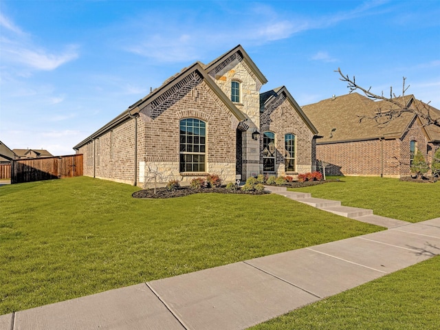 french country style house featuring brick siding, a front yard, fence, and stone siding