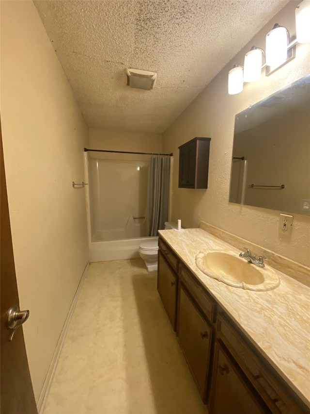 full bathroom with a textured wall, toilet, shower / tub combo, a textured ceiling, and vanity