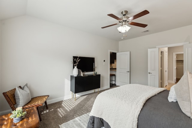 bedroom with baseboards, visible vents, light colored carpet, lofted ceiling, and ceiling fan