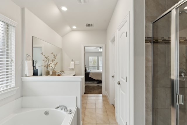 bathroom with a garden tub, a shower stall, visible vents, and tile patterned flooring