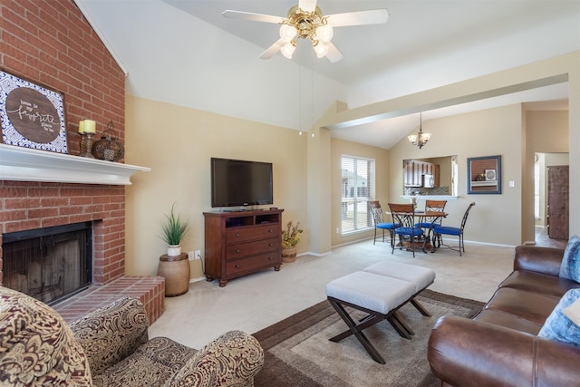 living room with a brick fireplace, baseboards, carpet flooring, ceiling fan with notable chandelier, and high vaulted ceiling