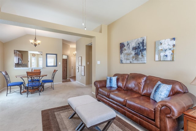 living area with a notable chandelier, light colored carpet, baseboards, and lofted ceiling