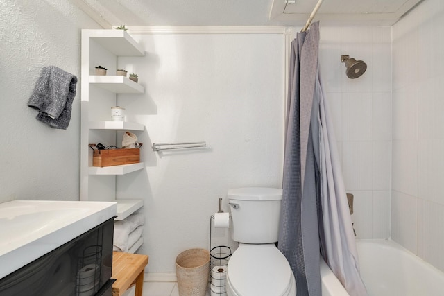 full bath featuring vanity, shower / bath combination with curtain, and toilet