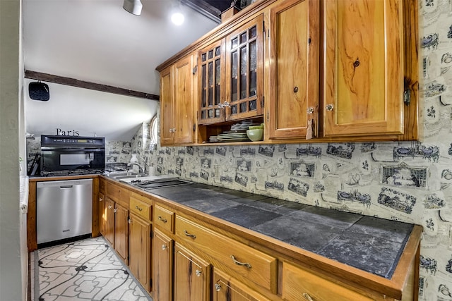 kitchen with tile countertops, decorative backsplash, brown cabinetry, black oven, and dishwasher