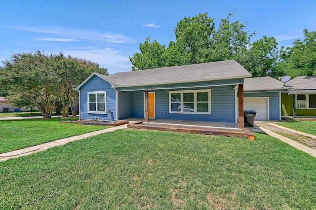 ranch-style house featuring a front lawn, a porch, an attached garage, and a shingled roof