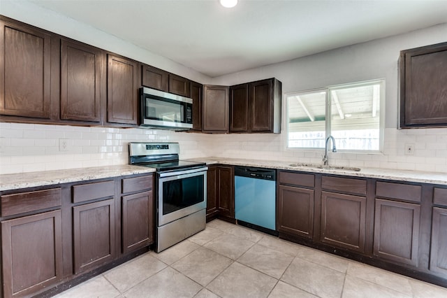 kitchen featuring stainless steel appliances, tasteful backsplash, a sink, and dark brown cabinetry