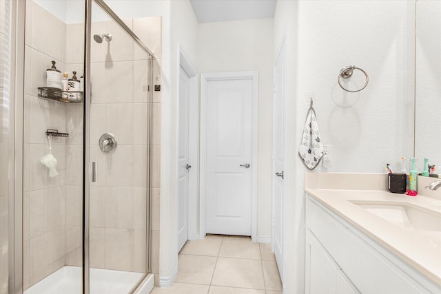 bathroom featuring a stall shower, tile patterned flooring, and vanity