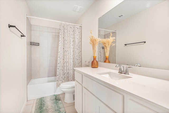 bathroom featuring shower / tub combo, visible vents, toilet, tile patterned floors, and vanity