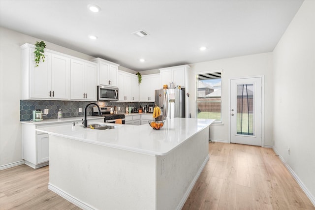 kitchen featuring white cabinets, appliances with stainless steel finishes, light countertops, and backsplash