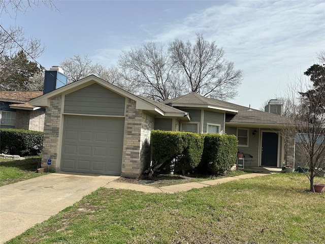 ranch-style house with a garage, driveway, a front lawn, and a chimney