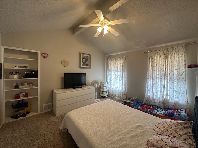 bedroom with visible vents, a ceiling fan, vaulted ceiling with beams, carpet, and a textured ceiling