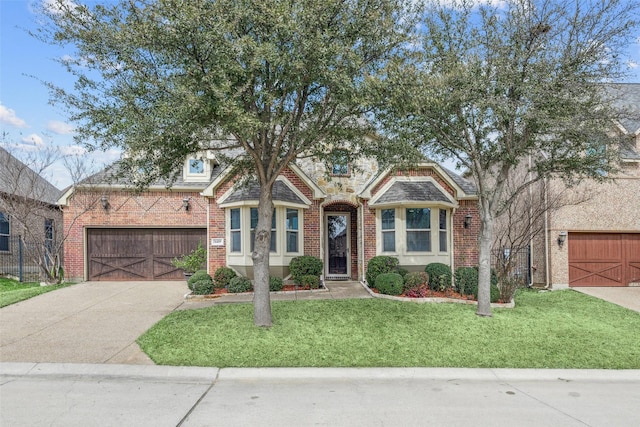 view of front of property with a garage, a front yard, brick siding, and driveway